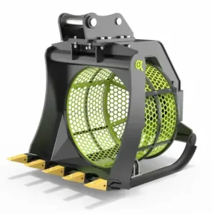 Cazo cribador OC-X para excavadoras utilizado para clasificar y recuperar materiales en cantera, minería y reciclaje.